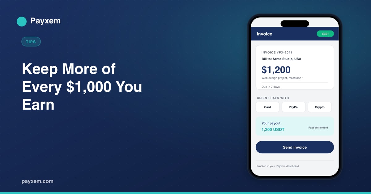 Payxem invoice screen showing a $1,200 invoice a Pakistani freelancer sent to a US client